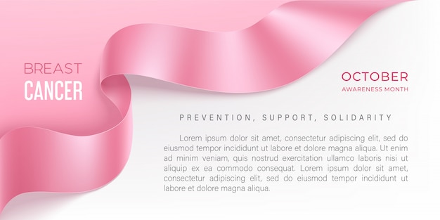 Breast cancer awareness month template with photorealistic pink ribbon