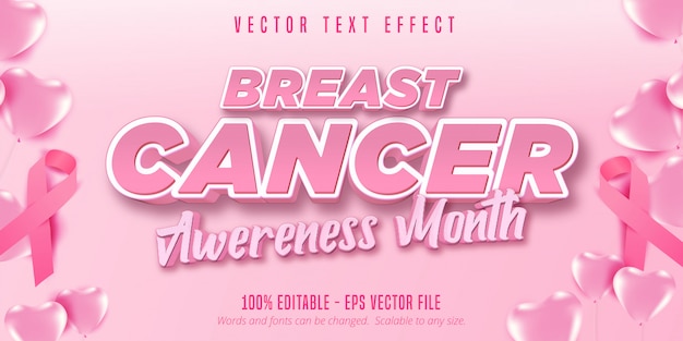 Текст месяца осведомленности рака груди, редактируемый текстовый эффект на розовой ленте, воздушном шаре очага и мягком розовом фоне.