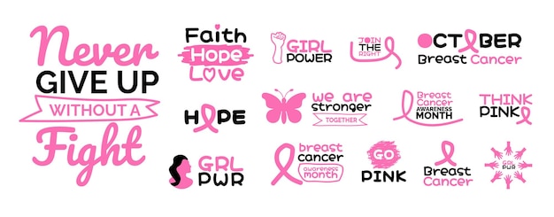 Vector breast cancer awareness month text typography bundle girl power go pink faith hope love