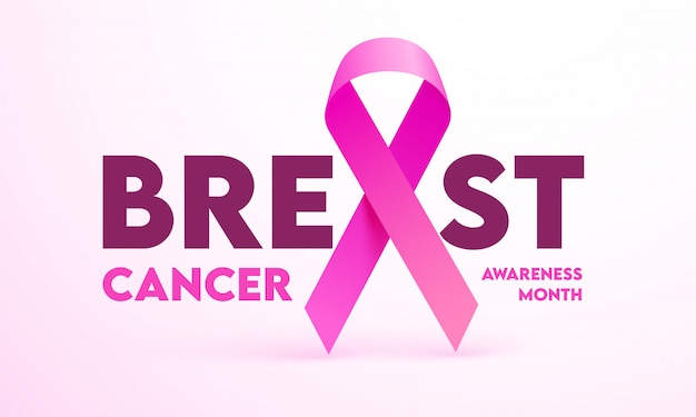 Breast Cancer Awareness Month Text with Pink Ribbon on Glossy Background.