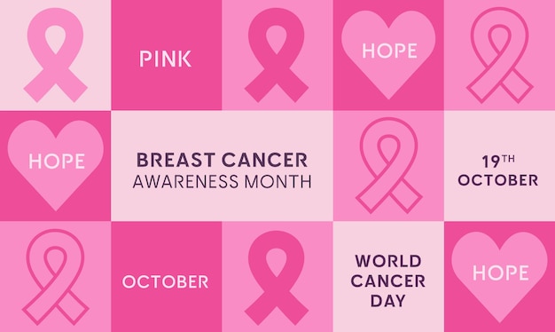 Breast Cancer Awareness Month Vector greeting card banner poster Trendy design with pink ribbons