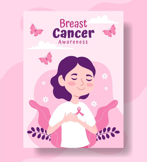 Vector breast cancer awareness month vertical poster flat cartoon templates background illustration