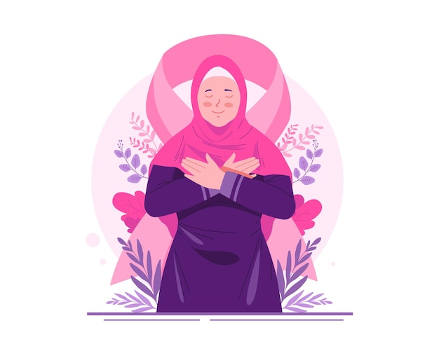 Вектор Месяц осведомленности о раке груди с счастливой мусульманкой с розовой лентой