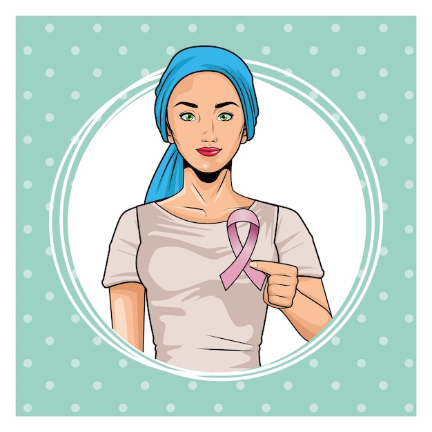 Breast cancer awareness month with woman lifting pink ribbon vector illustration design