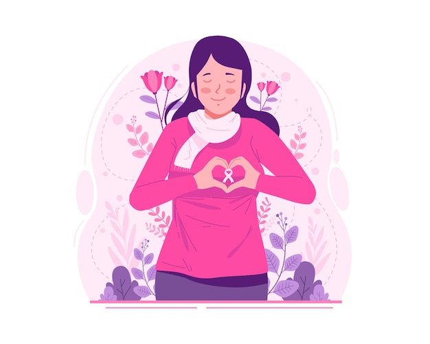 Vector breast cancer awareness month with a woman with his hands showing heart shape gesture