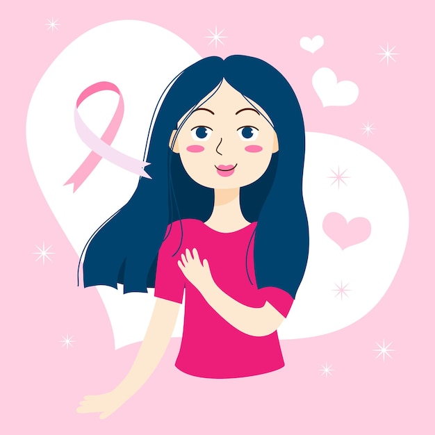 Breast cancer awareness month woman and pink ribbon illustration