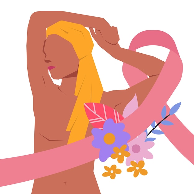 breast cancer awareness pink ribbon female confidence in flat illustration