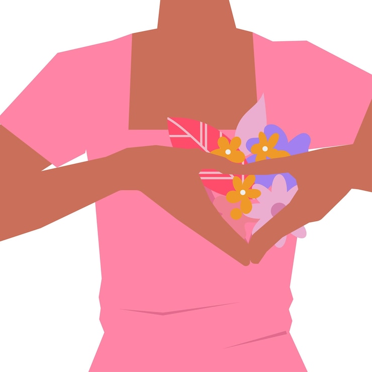 Vector breast cancer awareness pink ribbon female hearts floral in flat illustration