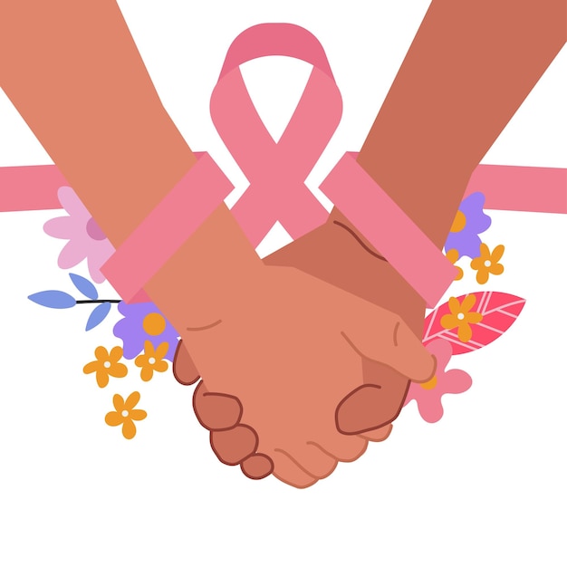 breast cancer awareness pink ribbon holding hands support in flat illustration