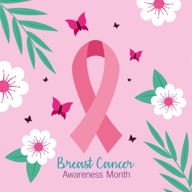 Breast cancer awareness pink ribbon with flowers and butterflies design, campaign theme.