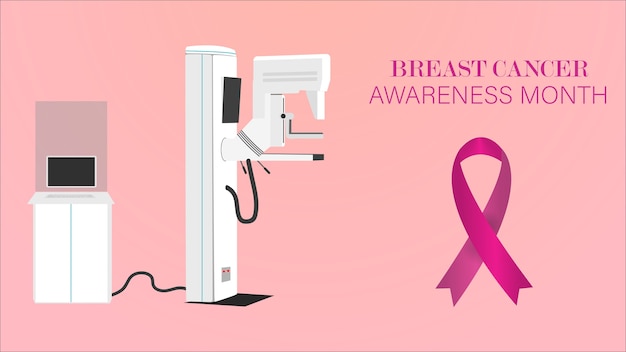 Breast cancer awareness ribbon background with mammography machine .