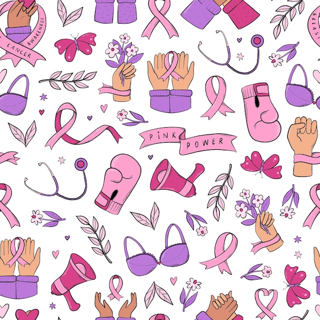 Vector breast cancer awareness seamless pattern with doodles for wallpaper prints backgrounds