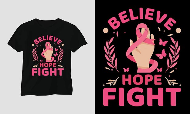 Осведомленность о раке груди Дизайн футболки с лентой и мотивационными цитатами