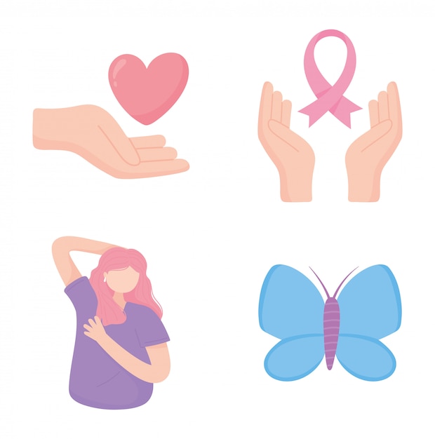 Breast cancer awareness woman butterfly heart and ribbon elements vector design and illustration