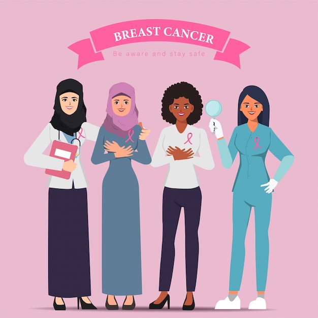 Breast cancer awareness woman character with arab doctor medical treatment.