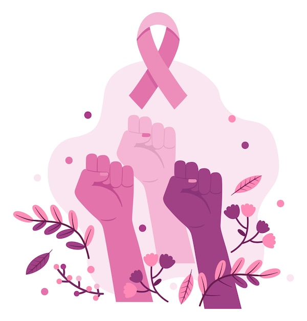 Вектор Иллюстрация баннера борьбы с раком молочной железы, с руками и розовым украшением, на белом фоне