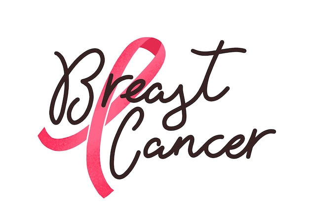 Breast cancer handwritten lettering. Women oncological disease awareness campaign slogan. Decorative typography and pink ribbon. Inspirational, motivational phrase on white background.