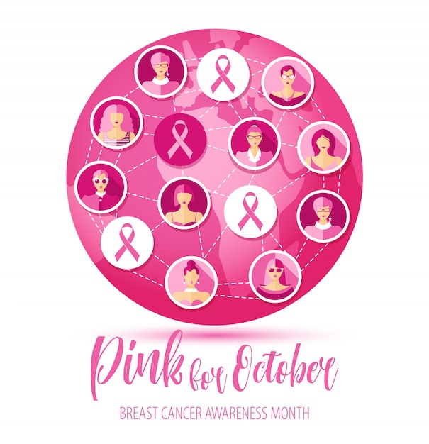 Vector breast cancer illustration of pink icons with faces of women