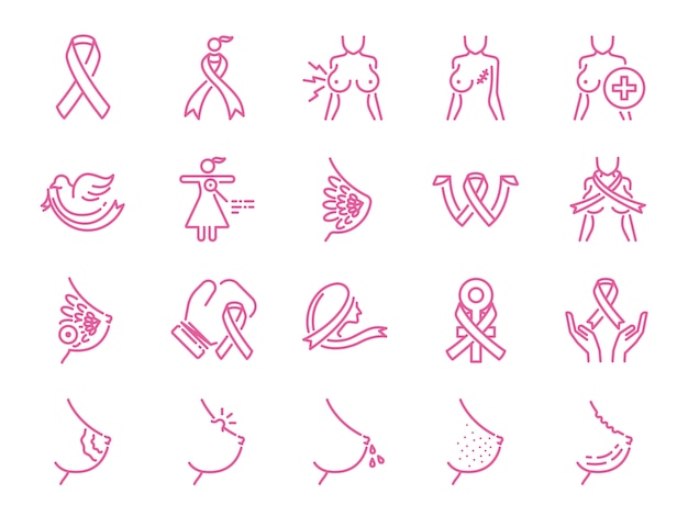 Vector breast cancer line icon set.