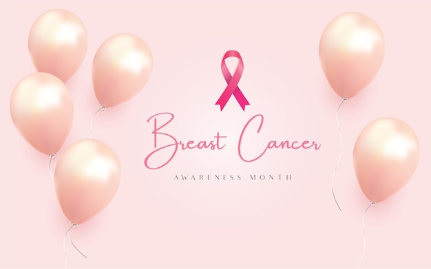 Breast cancer october awareness month campaign background with  pink ribbon and balloons symbol - vector