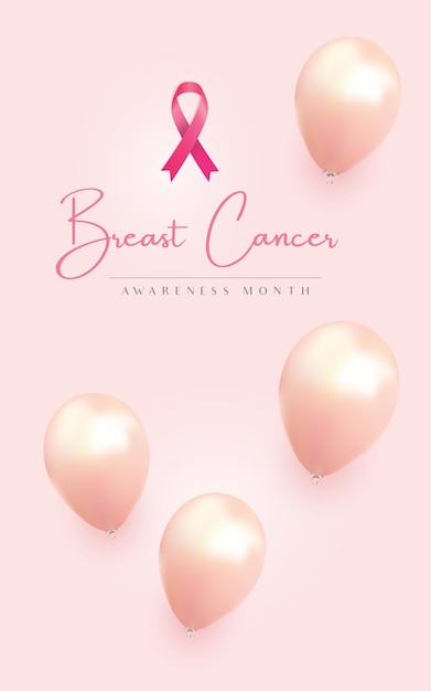 Breast cancer october awareness month campaign background with  pink ribbon and balloons symbol - vector