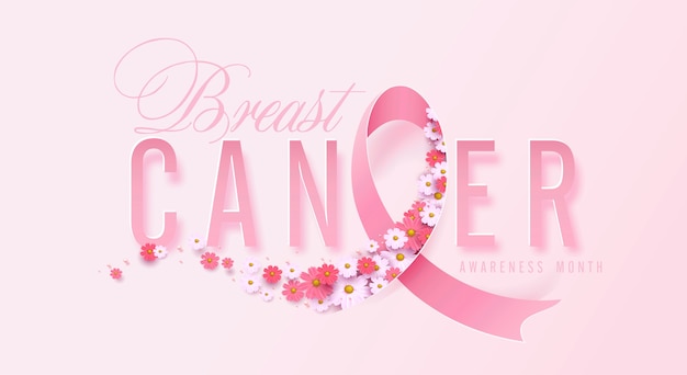 Vector breast cancer october awareness month pink ribbon and flower background