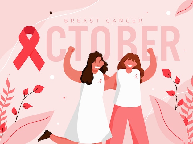 Октябрьский текст рака молочной железы с красной лентой и веселыми девушками-бойцами на пастельно-розовом фоне.