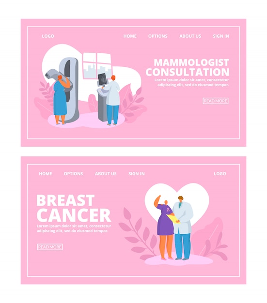 Vector breast cancer people awareness with female doctor checks up patient woman, mammological consultation banners set  illustration.