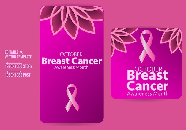 Breast cancer social media post and story template design collection. Editable modern banner.