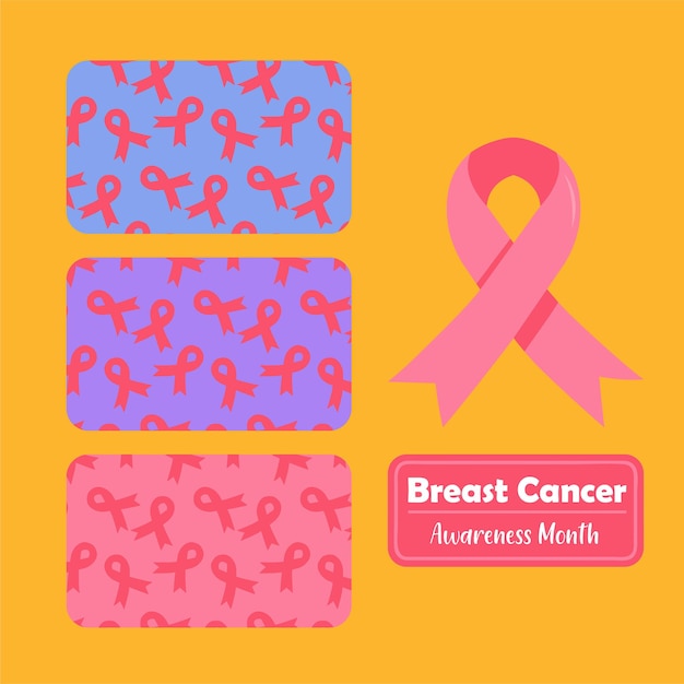 Breast cancer woman awareness month patterns health pink label stickers bundle vector illustration