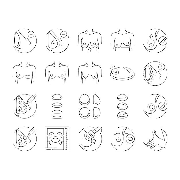 Vector breast surgery body woman plastic icons set vector