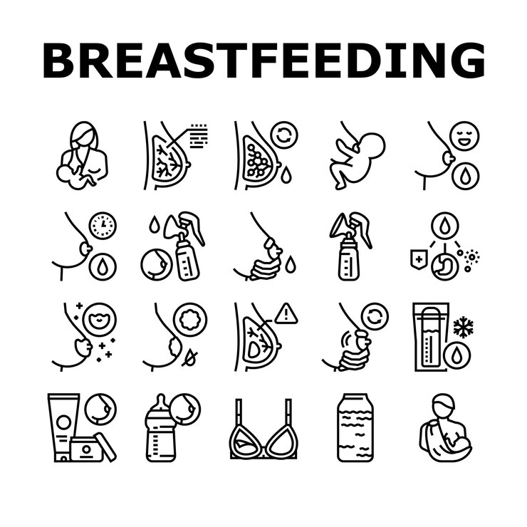 Vector breastfeeding baby collection icons set vector
