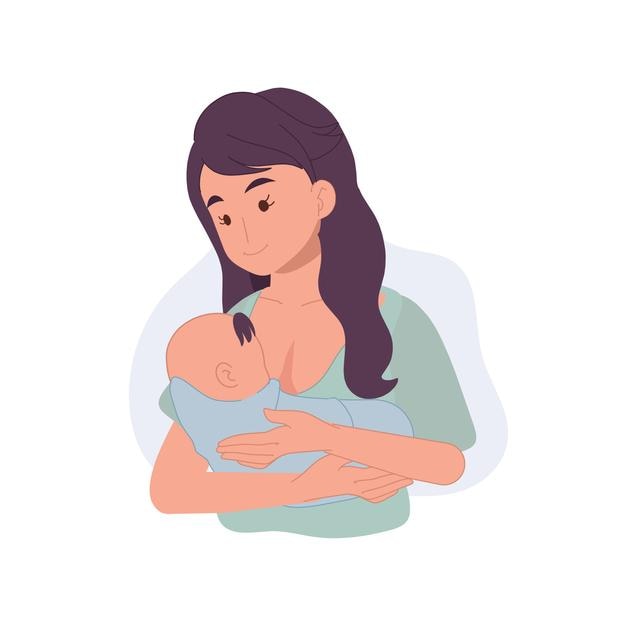 母乳で育てるシンセプト ママは赤ちゃんを両腕に抱え、母乳で育てるベクターイラスト