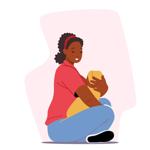 Breastfeeding Concept African Female Character Feed Baby with Breast Sitting on Floor Healthy Natural Nutrition for Newborn Child Infant Care Maternity Lactation Cartoon People Vector Illustration