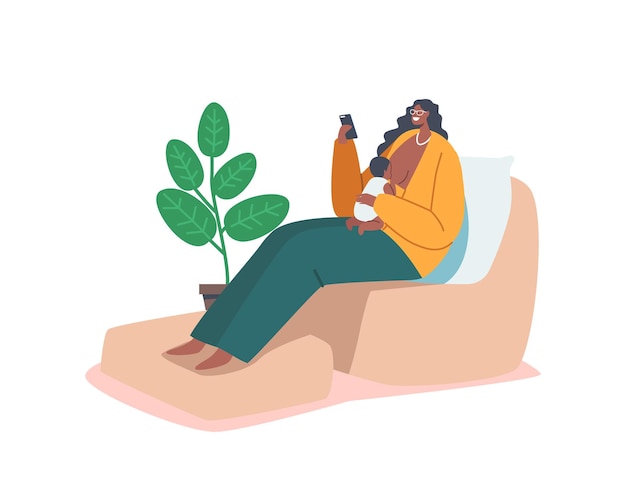 Breastfeeding concept female character sit on armchair with smartphone feeding baby with breast natural nutrition