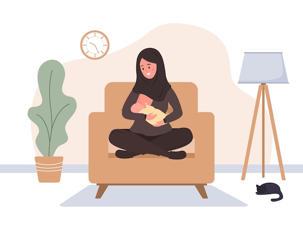 Breastfeeding concept Islamic mother nursing newborn baby