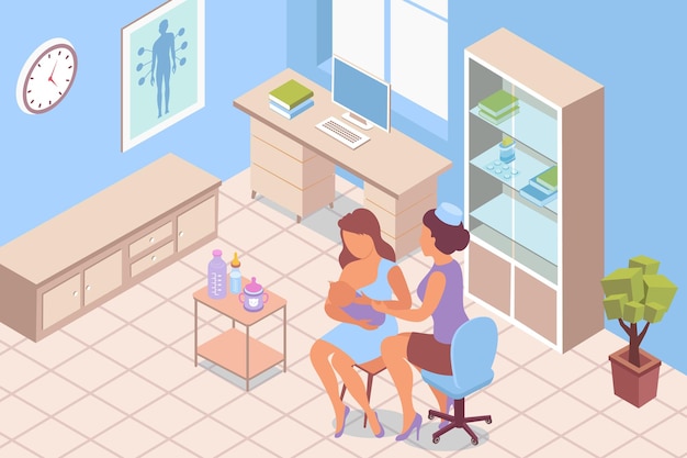 Vector breastfeeding consultation lactation isometric illustration