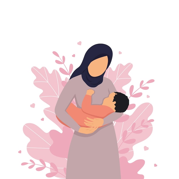 Vector breastfeeding mother in a hijab breastfeeds her baby against the background of nature cartoon style