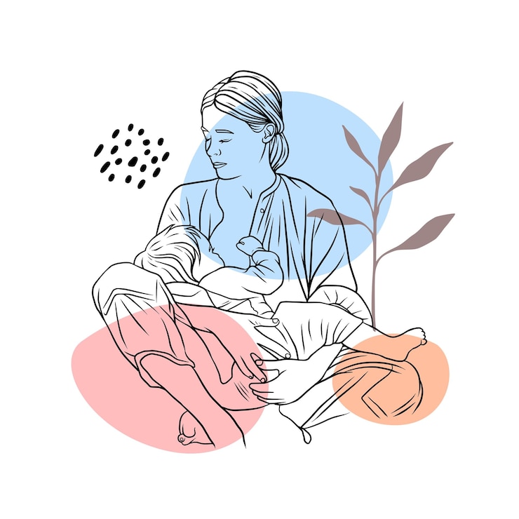 Vector breastfeeding mother illustration in elegant line art style