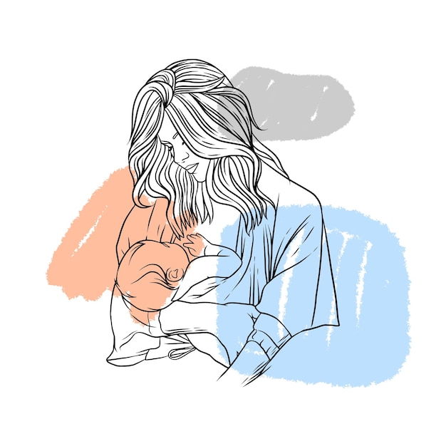 우아한 라인 아트 스타일의 모유 수유 어머니 그림