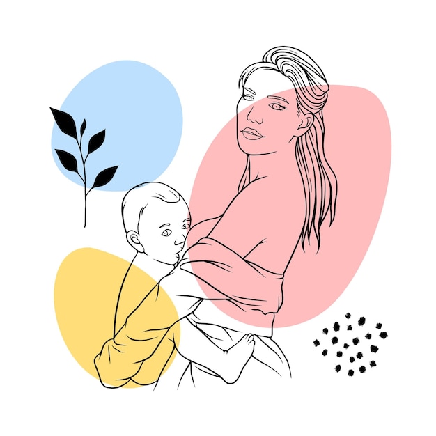 ベクトル エレガントなラインアートスタイルの母乳育児の母のイラスト