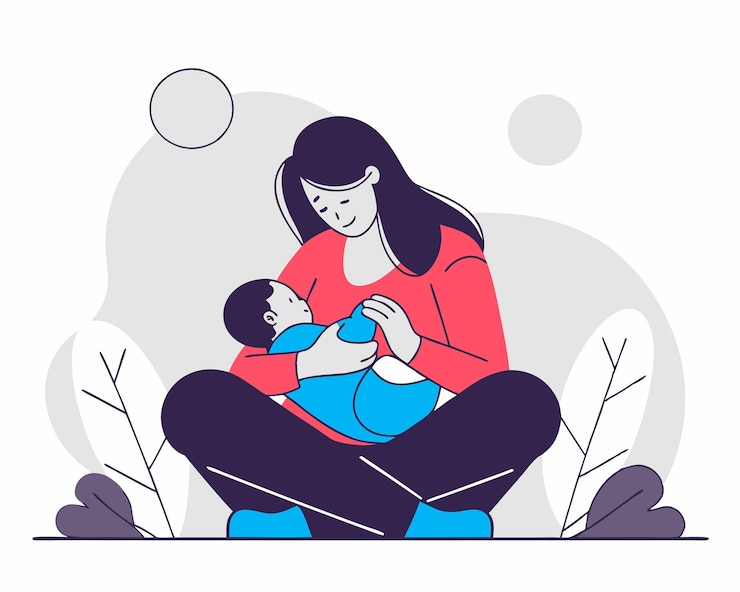 Vector a breastfeeding mother in a line art style illustration