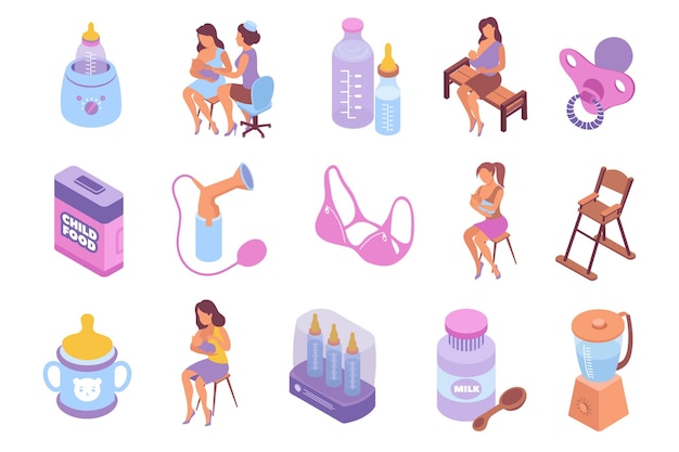 Vector breastfeeding set with isometric icons of bras child food and human characters isolated on blank background vector illustration