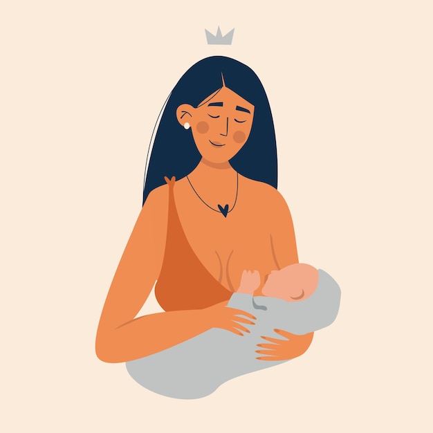 Vector breastfeeding young mother is feeding newborn baby with breast in hands