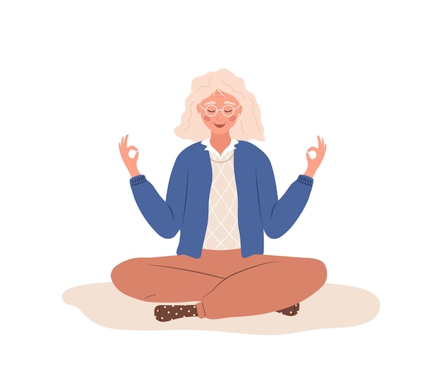 Esercizio di yoga per la consapevolezza del respiro donna anziana che pratica la respirazione della pancia per rilassarsi