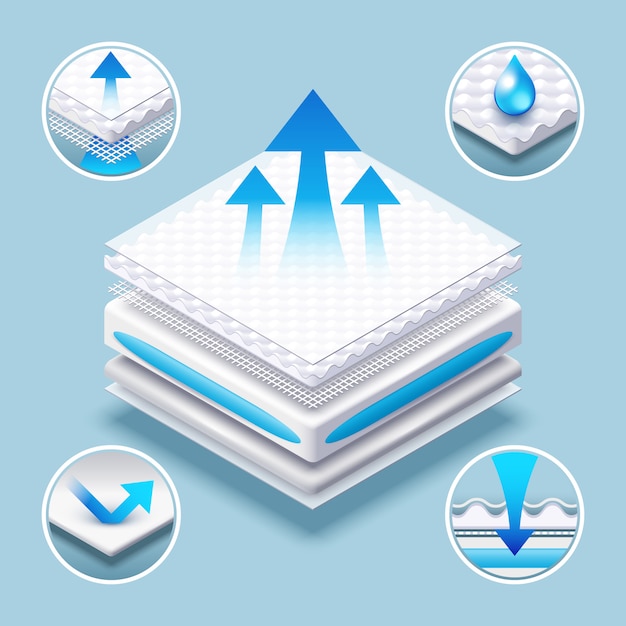 Vector breathable mattress layered absorbing material  illustration.