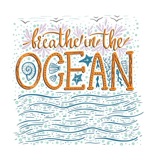 Breathe in the ocean Handdrawn vector lettering card