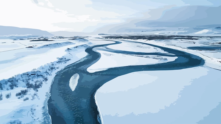 Vector breathtaking aerial view of snowy icelandic landscape