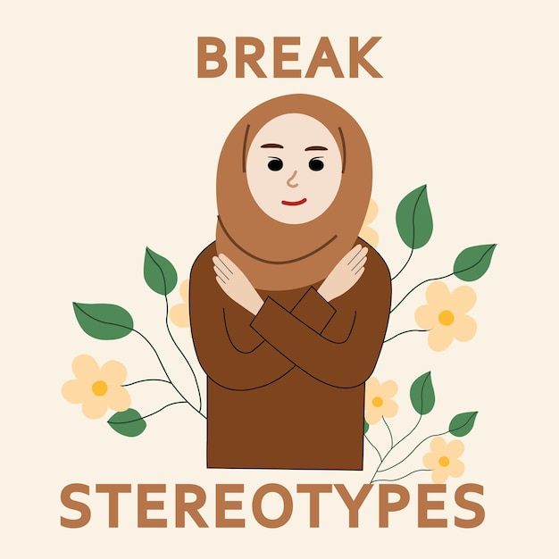 Breek moslim stereotypen hijabi vrouw illustratie met bloemen Break the bias concept