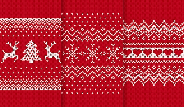 Brei naadloos patroon. kerst rode texturen. stel gebreide frames. fair isle traditionele sieraad. kerst print